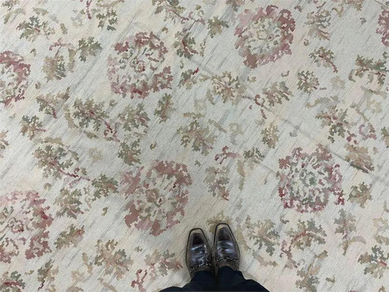 9x12 Flatweave Aubusson Needlepoint Rug, New, Beige, Tan, Green, Handmade, Hand-Knotted Area Rug, French European Carpet, Flowers by Jewel Rugs