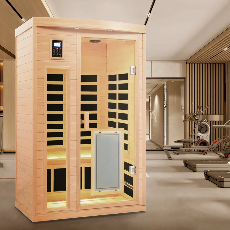 Low EMF, There is also a heating plate on the glass door, Hemlock wood Far-infrared indoor Two person sauna room by HouseOfZazla