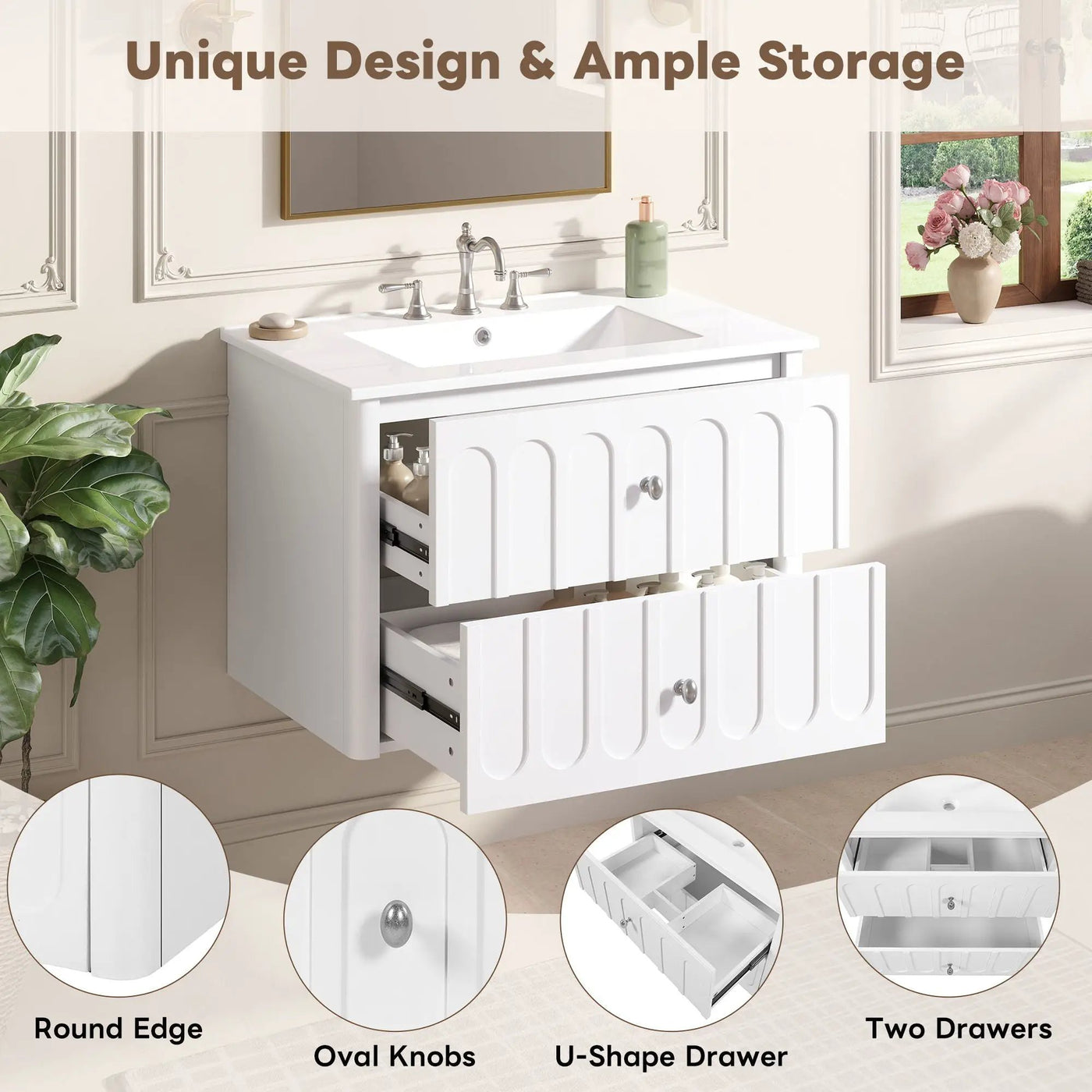 Floating Bathroom Vanity With Oval Knobs & Round Edge, Soft Close Drawer Slides by HouseOfZazla