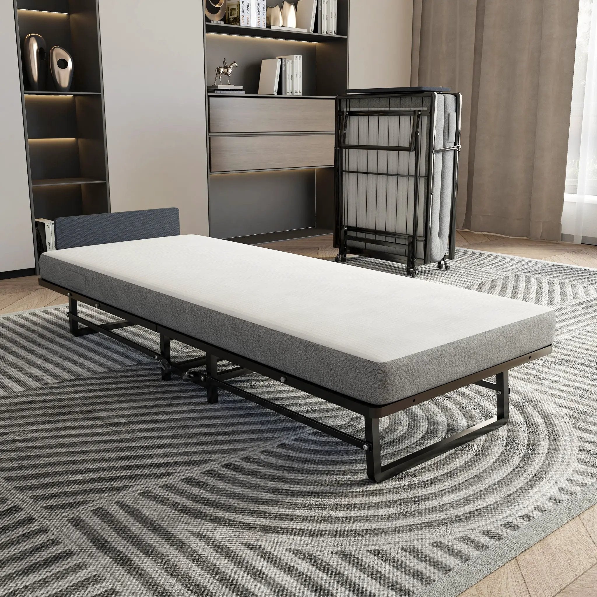 Modern Metal Folding Bed Frame With Foam Mattress, Easy Storage & Mobility - Black by Unique Piece Furniture