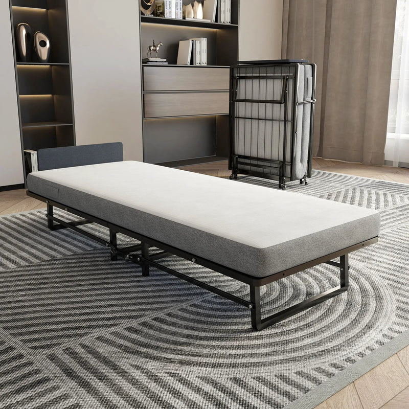 Modern Metal Folding Bed Frame With Foam Mattress, Easy Storage & Mobility - Black by Unique Piece Furniture