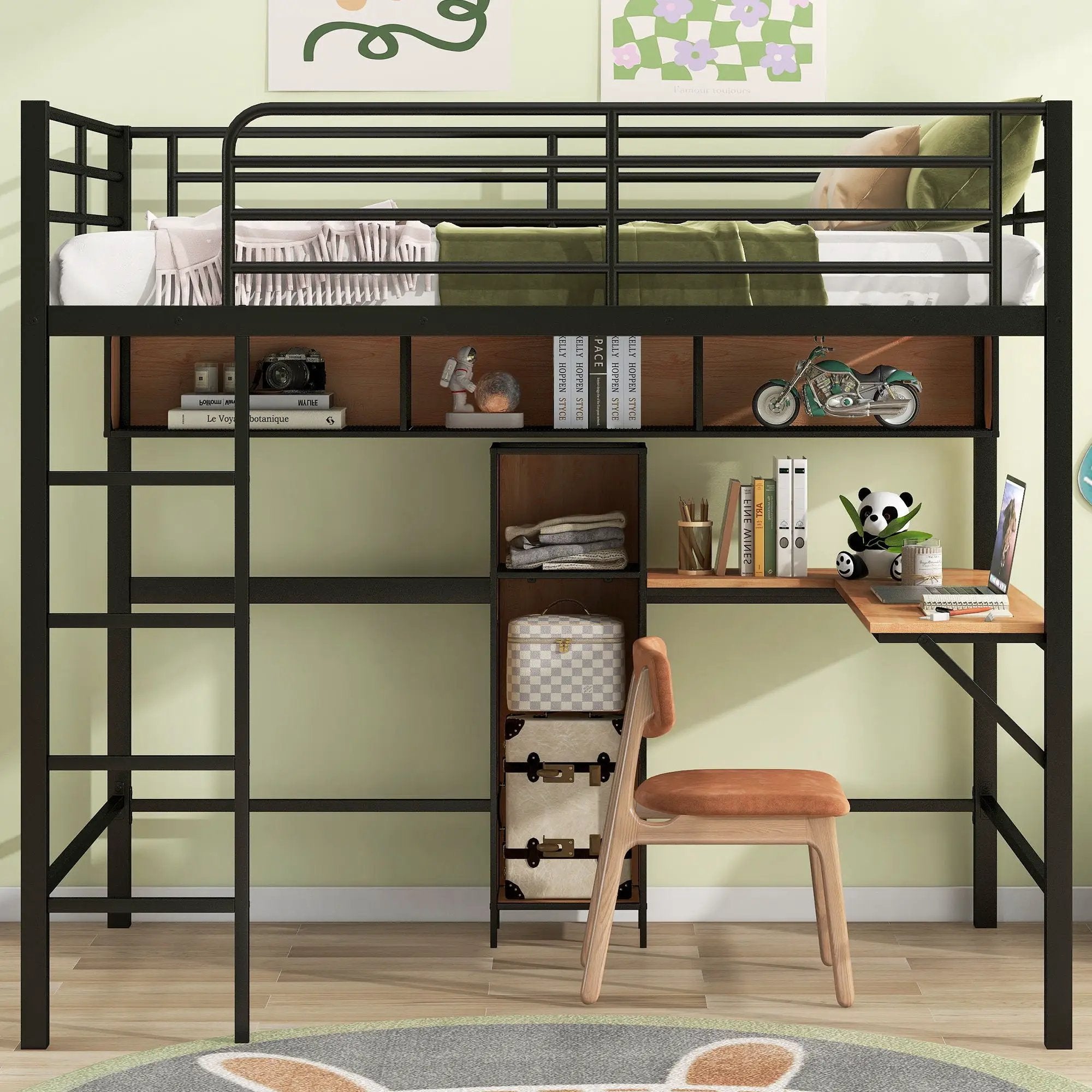 Full Size & Loft Bed With L-Shaped Desk And Shelves - Black by Unique Piece Furniture