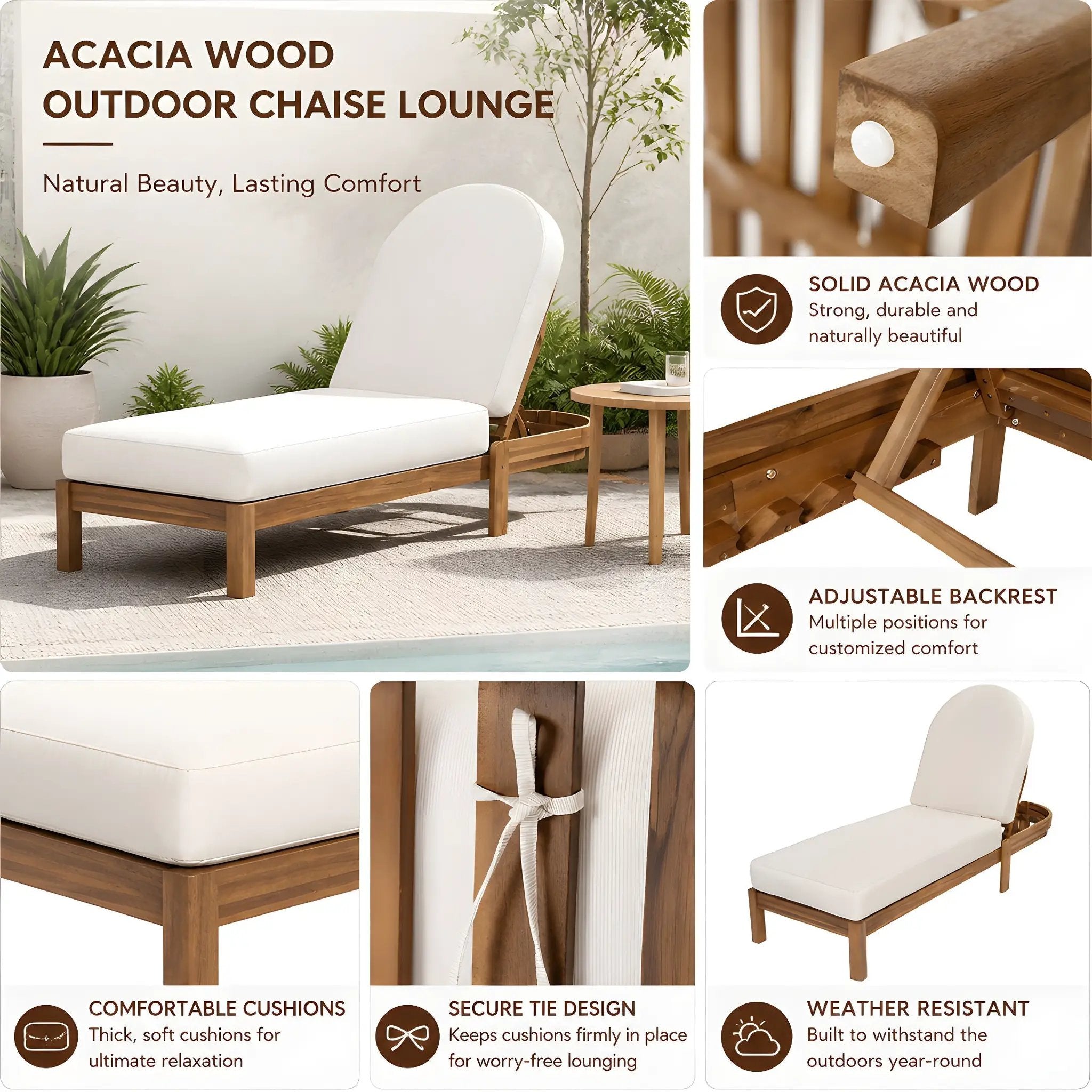 Patio Acacia Wood Chaise Lounge Chairs with Adjustable Backrest Set of 2 by HouseOfZazla