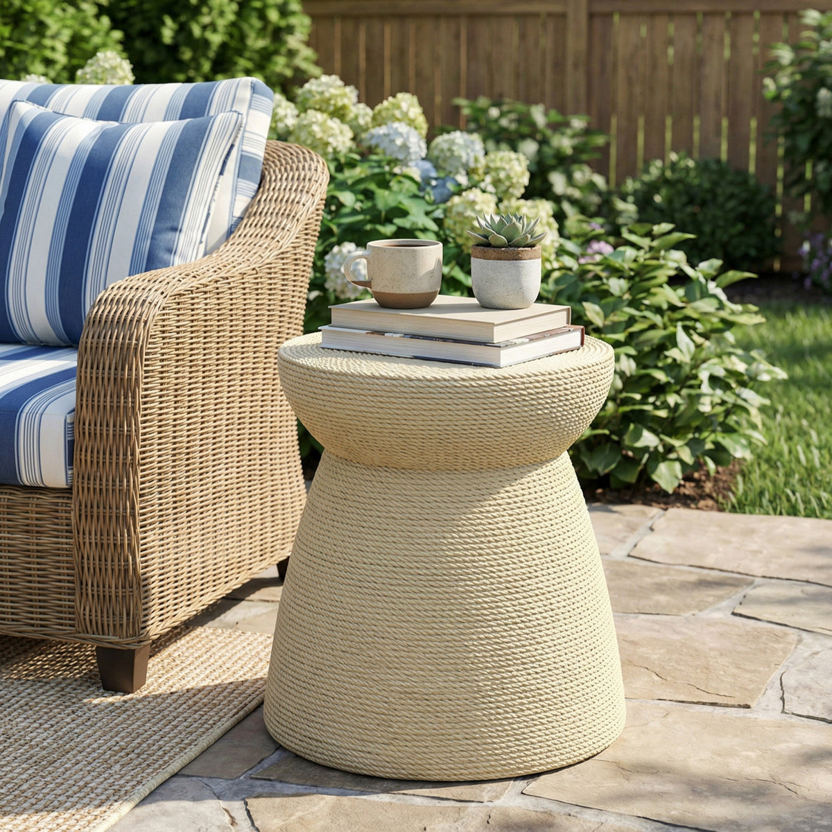 Simulated Rattan Side Table with Magnesium Oxide Construction - Neutral