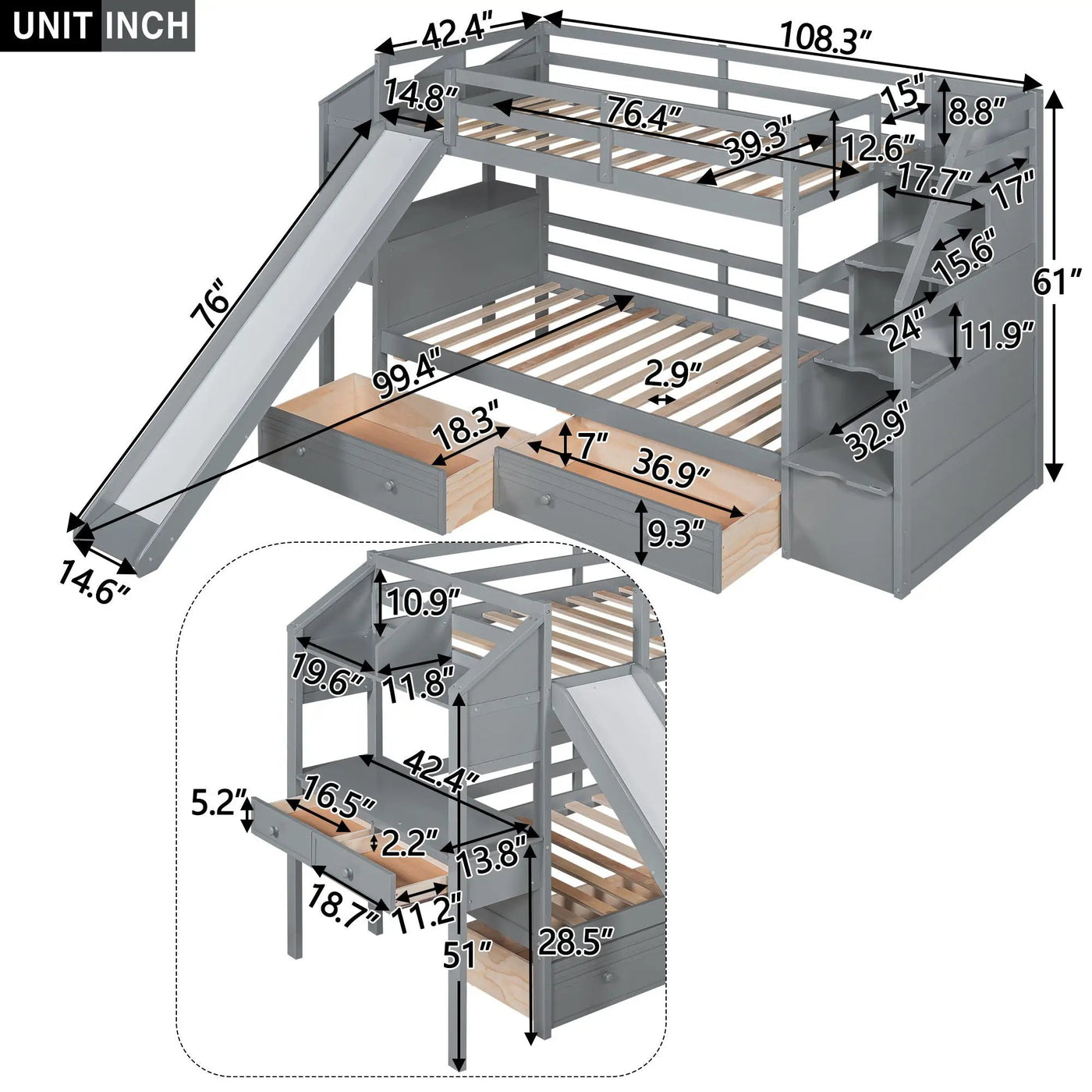 Bunk Bed With Storage Staircase, Slide, Desk, Drawers, And Shelves by HouseOfZazla