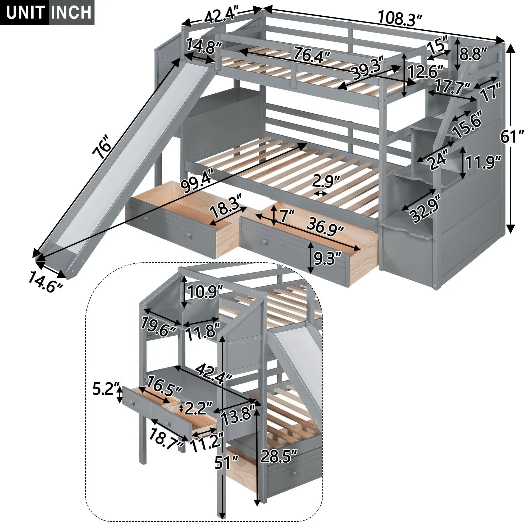 Bunk Bed With Storage Staircase, Slide, Desk, Drawers, And Shelves by HouseOfZazla