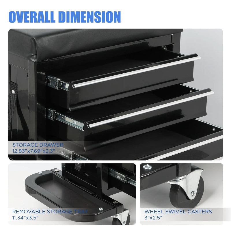 3-Drawer Tool Chest Rolling Mechanic Seat with Tool Trays by HouseOfZazla