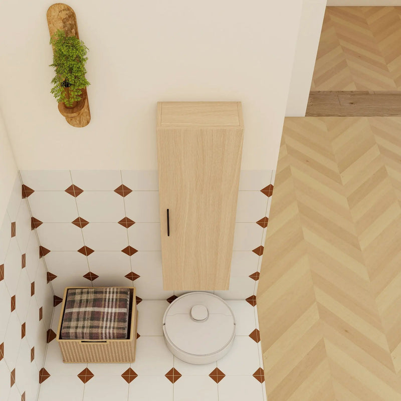 Tall Floating Bathroom Side Cabinet, Wall Mounted Single Door Storage - Light Oak by Unique Piece Furniture
