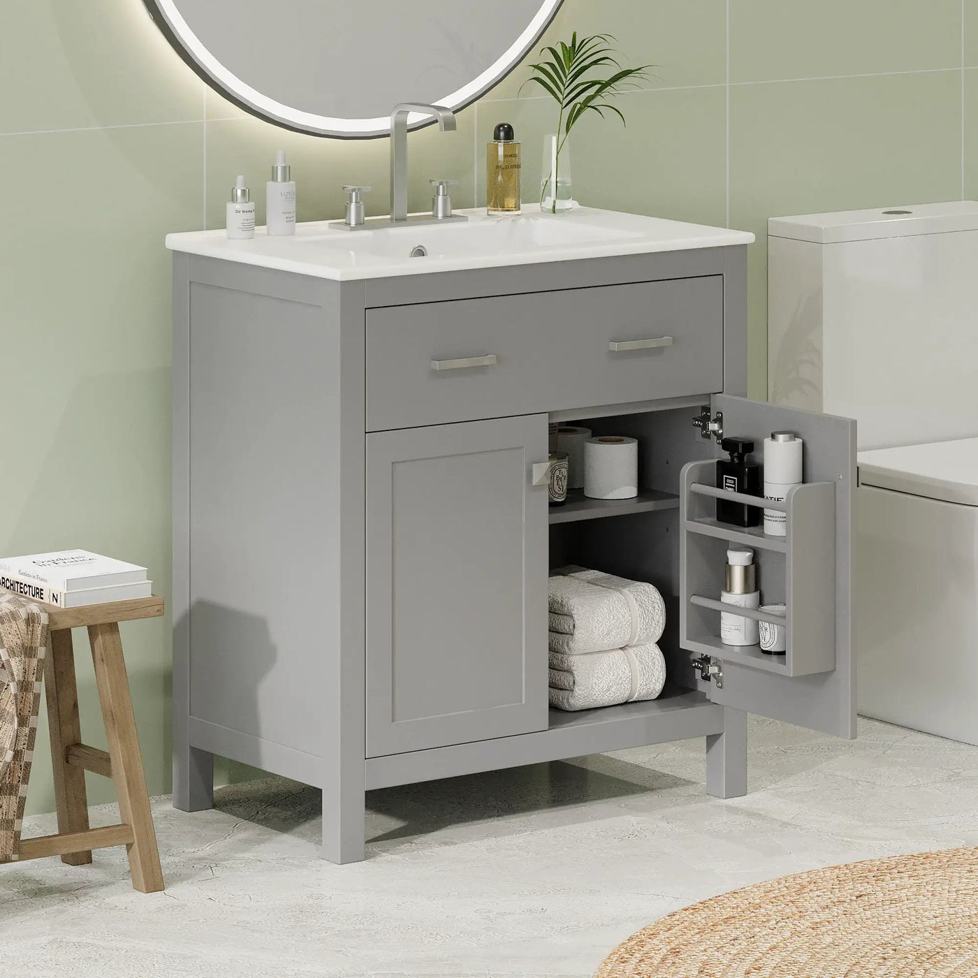 Bathroom Vanity With Ceramic Sink, Modern Single Bathroom Cabinet With 2 Doors And A Shelf, Soft Close Doors by HouseOfZazla