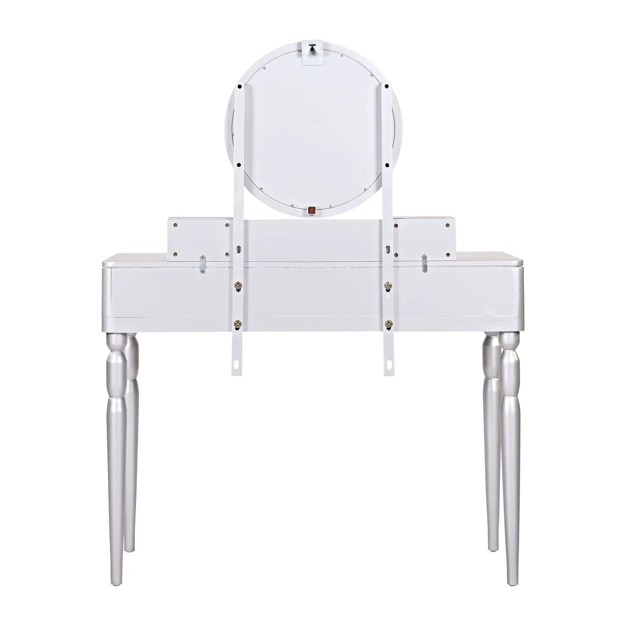 Luxury Vanity Desk With Round Mirror Height Adjustable Dressing Table Set Engineered Wood - Silver