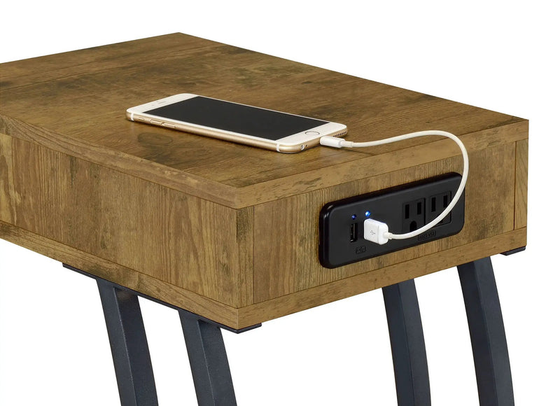Troy 1-drawer C-Shaped Side Table Power Outlet Rustic Nutmeg by Unique Piece Furniture