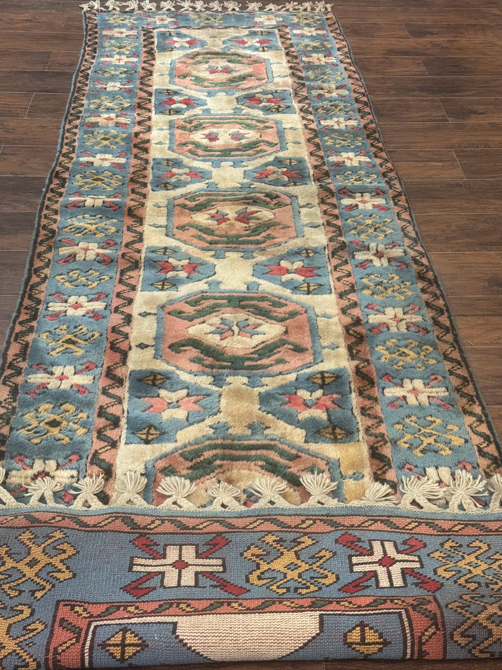 Turkish Kazak Runner Rug 3x11, Cream and Light Blue, Vintage by Jewel Rugs