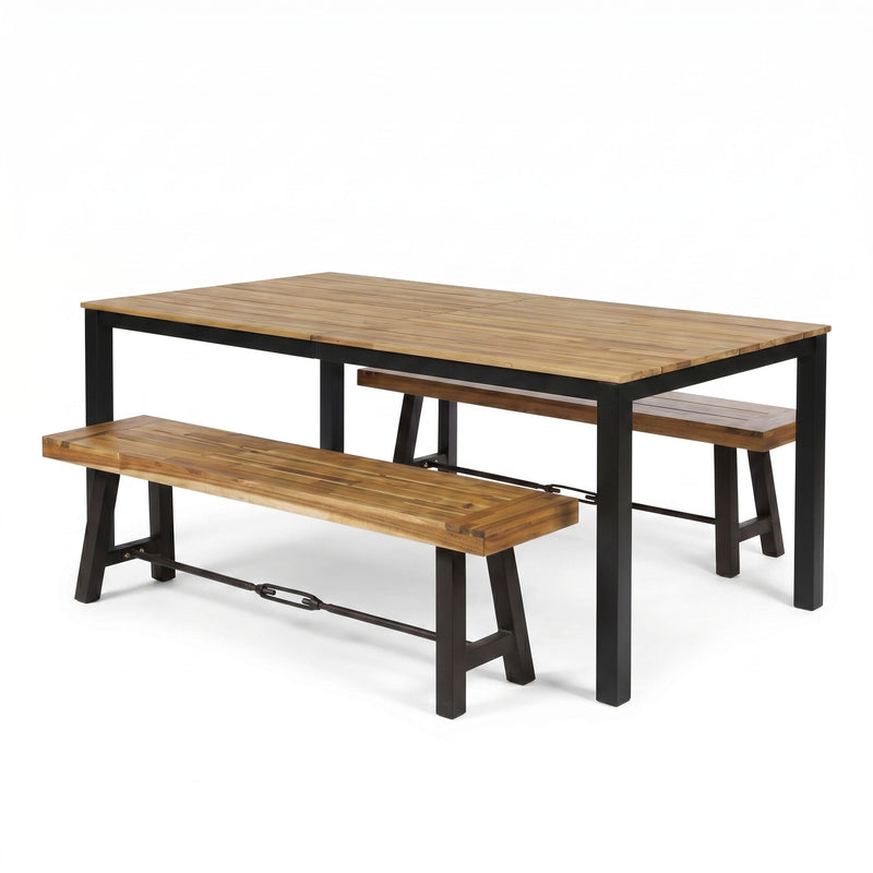 3-Piece Outdoor Acacia Wood Dining Set, 71" Rectangular Patio Table & 2 Benches by HouseOfZazla