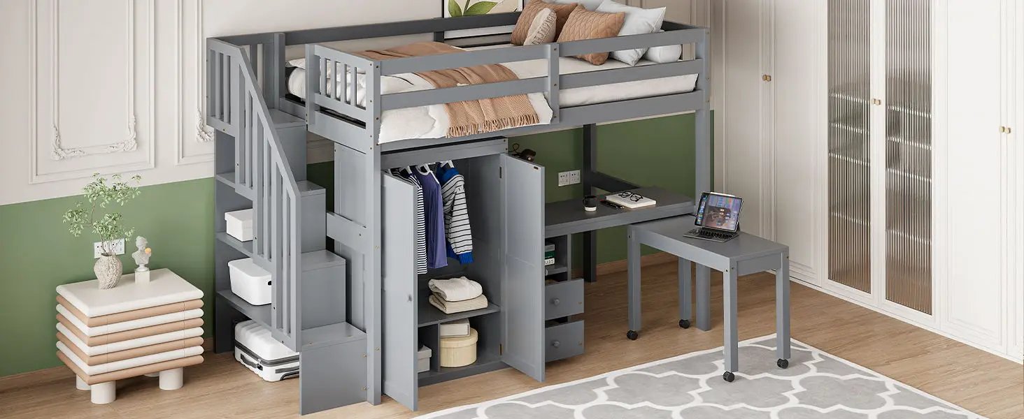 Loft Bed With Stairs, Bookshelf, Drawers, Desk & Wardrobe, Space Saving Multifunctional Furniture by HouseOfZazla