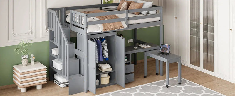 Loft Bed With Stairs, Bookshelf, Drawers, Desk & Wardrobe, Space Saving Multifunctional Furniture by HouseOfZazla