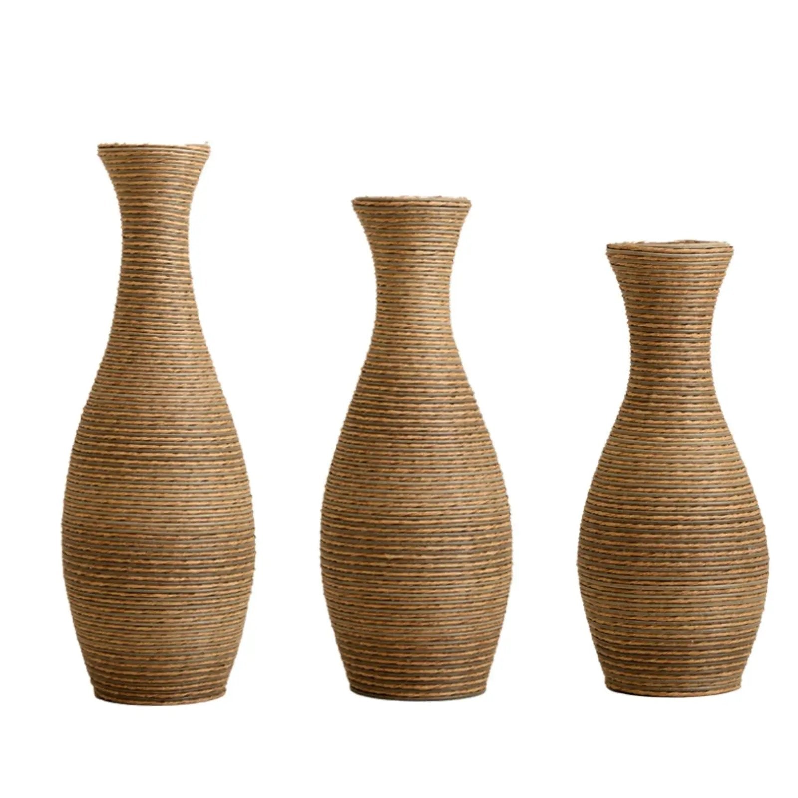 3 Piece Artificial Rattan Floor Vase Set Decorative Accent For Living Room, Hallway & Entryway, Ideal For Dried Or Silk Flower Arrangements - Beige by HouseOfZazla