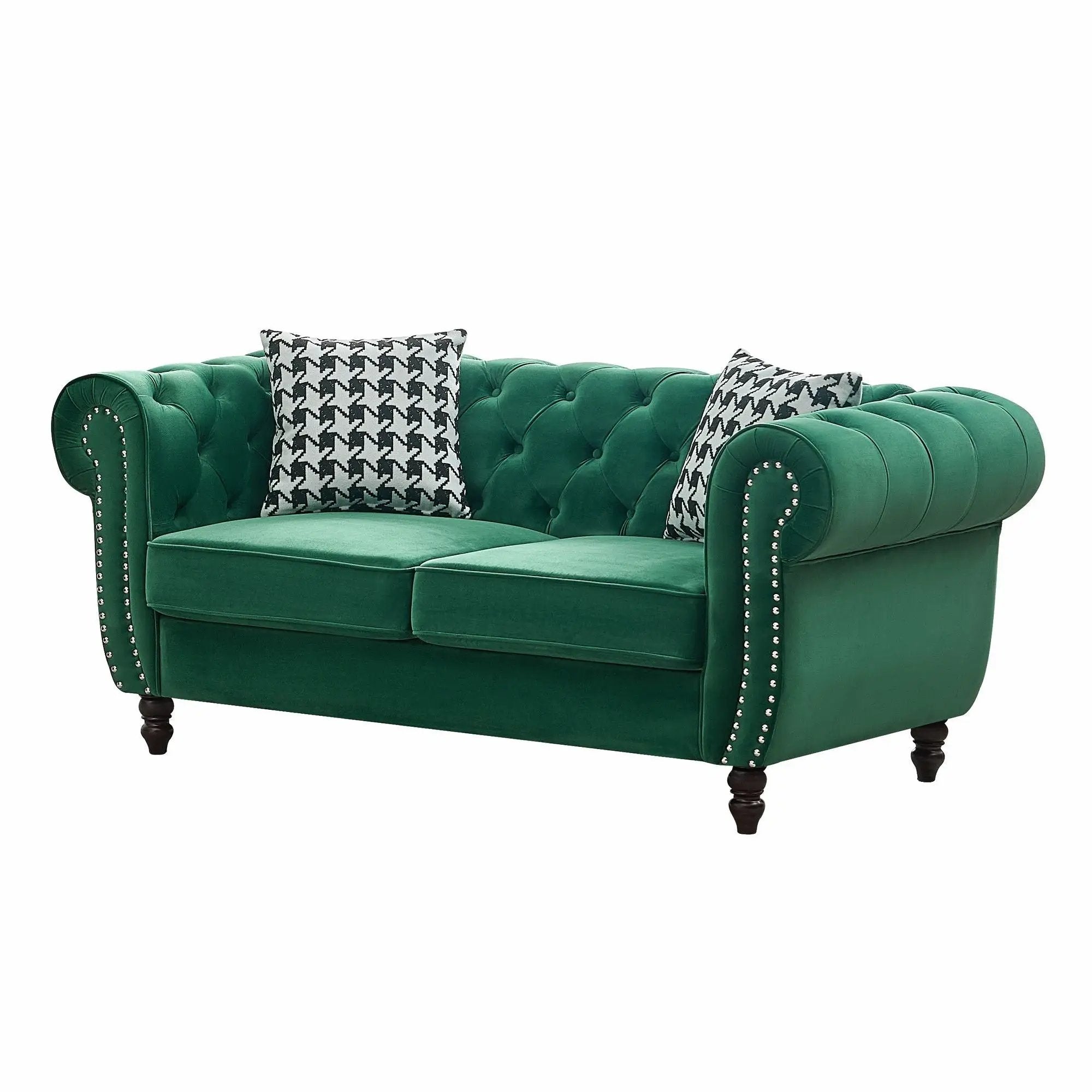 Chesterfield Fabric Sofa With Roll Armrest And Nailhead, Mid Century 2 Seater Couch by Unique Piece Furniture