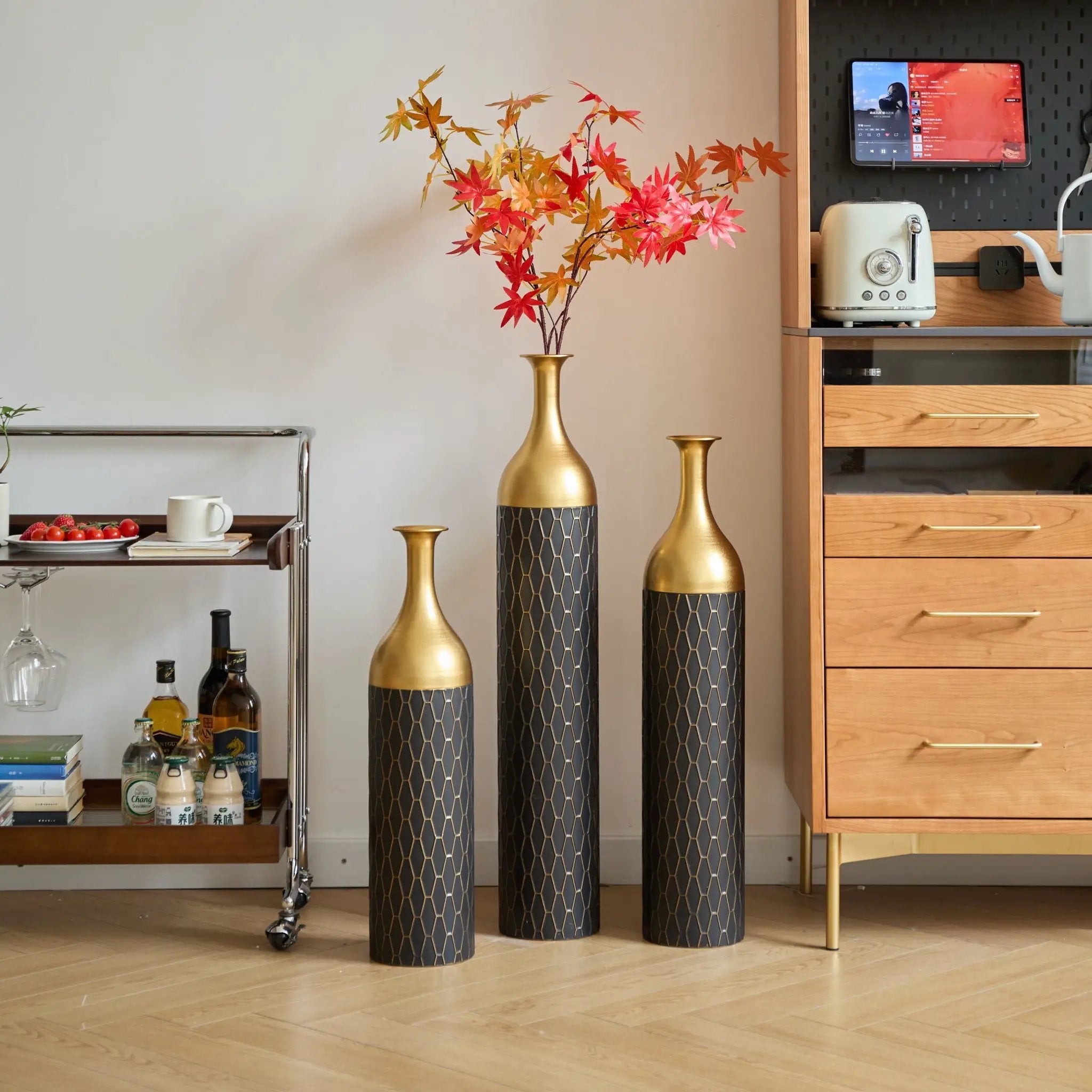 Elegant Floor Vase Set Metal Decorative Vases 3 Piece Set For Floral Display, Wedding & Gift Decor - Gold / Black by Unique Piece Furniture
