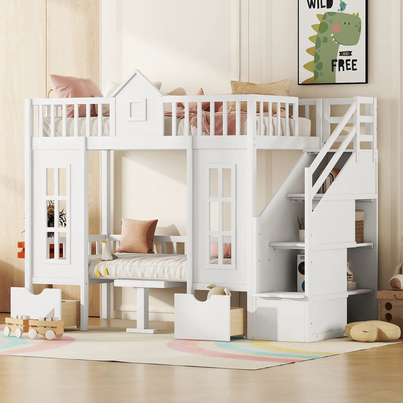 Twin Over Twin Bunk Bed With Changeable Table, Bunk Bed Turn Into Upper Bed And Down Desk by HouseOfZazla