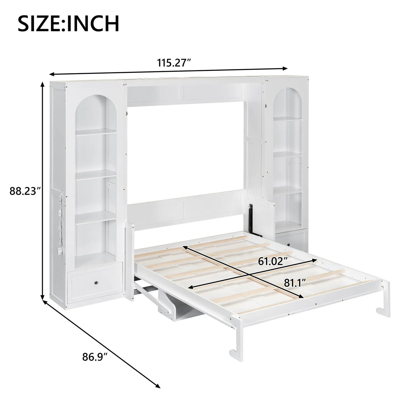 French Style Murphy Platform Bed With Shelf, Side Cabinets, Drawers And LED by HouseOfZazla