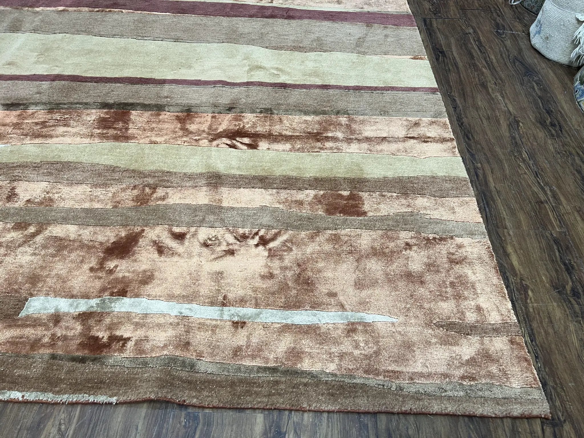 Modern Tibetan Rug 8x11 Nepali Carpet, Shiny Velvely Soft Wool and Silk, Contemporary Hand Knotted Rug, Striped Design, Wool Area Rug 8 x 11 by Jewel Rugs