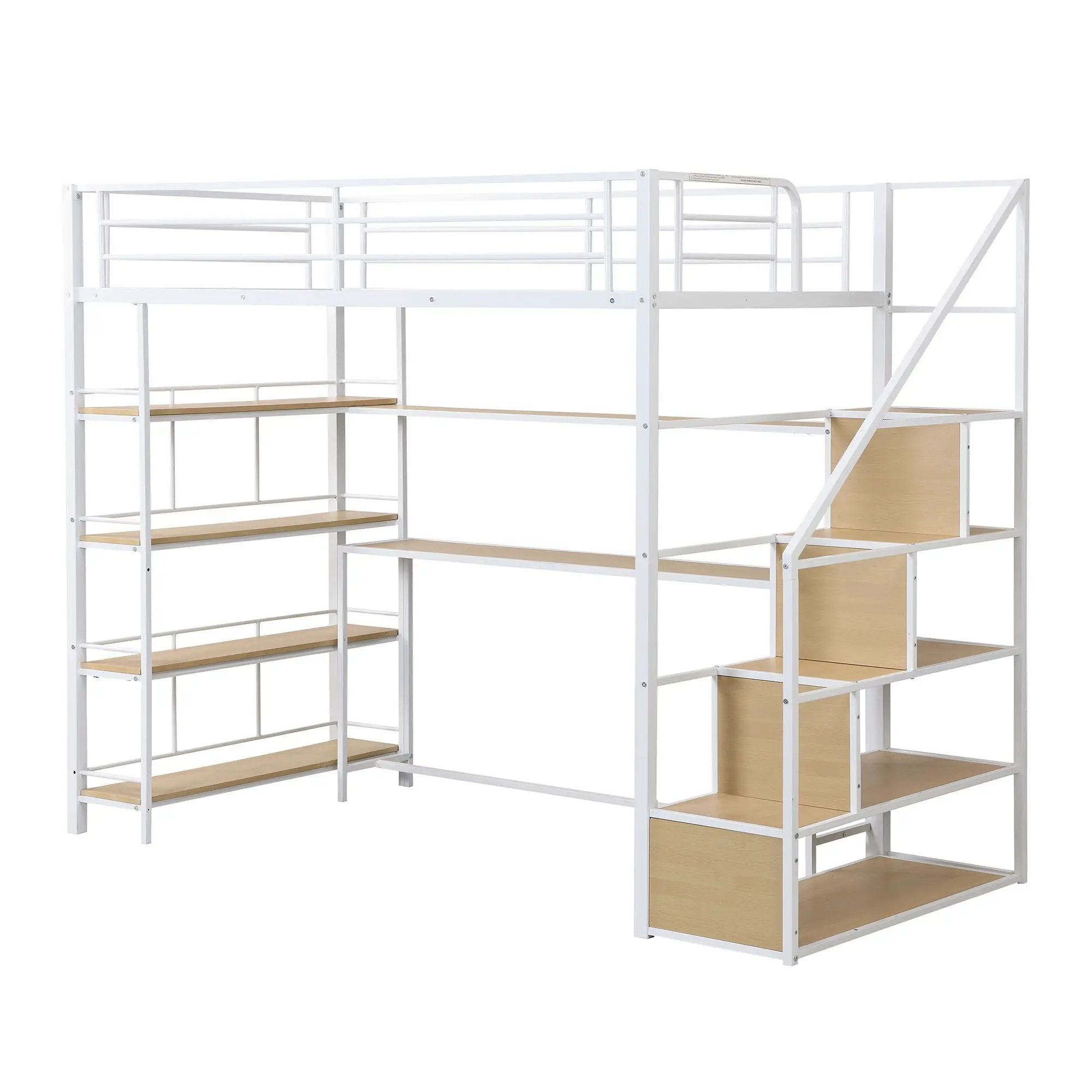 Twin Size Loft Bed With Built In Desk, Staircase Storage & 4 Tier Shelves - White by HouseOfZazla