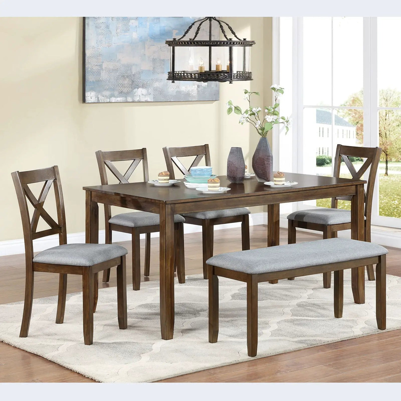 6 Pieces Kitchen Dining Set, Rectangular Wooden Dining Table With 4 Chairs And A Bench by HouseOfZazla