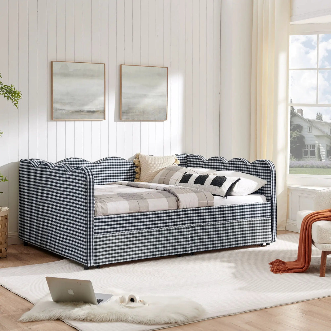 Gingham Daybed With USB Charging Port, Wave-Shaped Design by HouseOfZazla