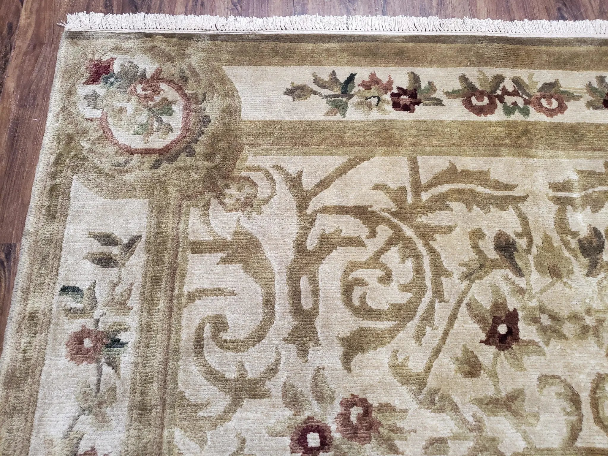 Vintage Nepali Tibetan Aubusson Rug 6x9, Wool Hand-Knotted Cream Beige Carpet, Leaves & Floral Pattern 6 x 9 Soft Area Rug Home Office Rug by Jewel Rugs