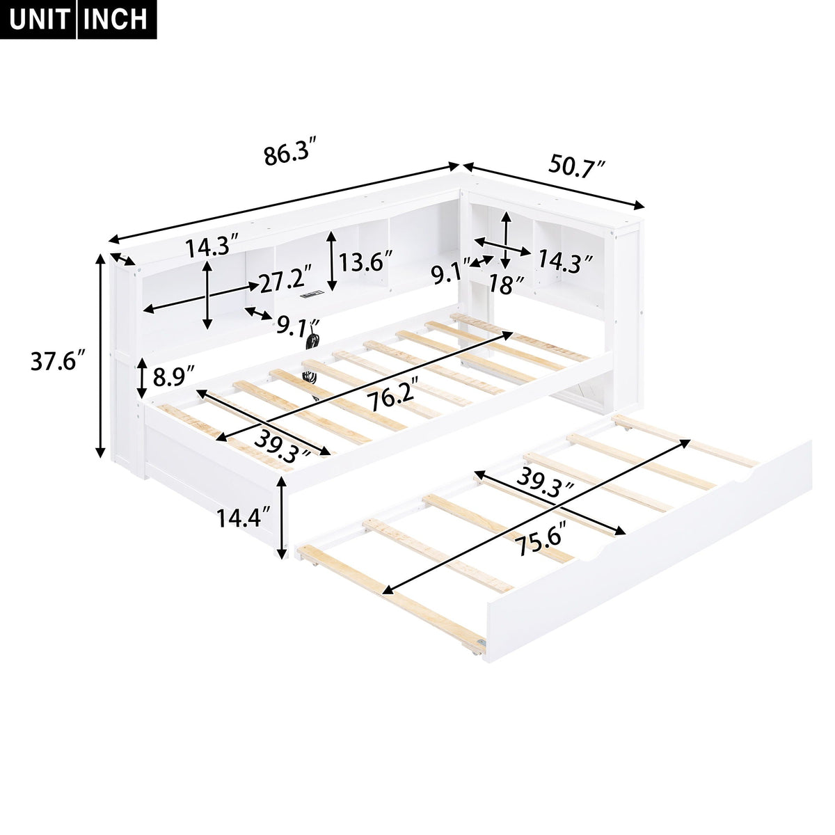 Twin Trundle Bed with Storage Cabinets and USB Ports - White or Light Brown, photo 3 of 29