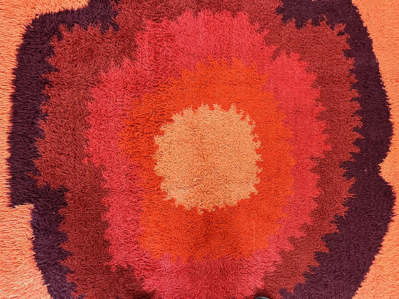 Danish Rya Shag Rug 4x6, Mid Century 1960s Retro Vintage Wool Rug, Shades of Red by Jewel Rugs