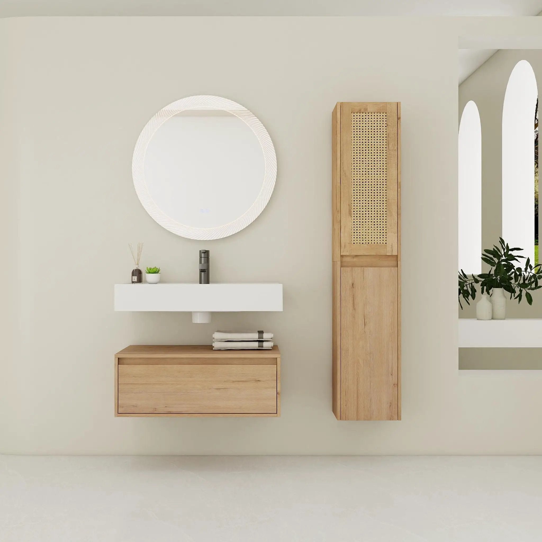Contemporary Wall Mounted Bathroom Vanity With Resin Sink And 2 Side Cabinet - Imitative Oak by Unique Piece Furniture