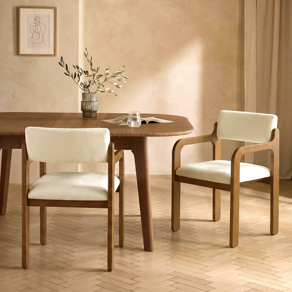 Modern Rubber Wood Dining Chairs with Upholstered Seat and Armrests - Set of 2