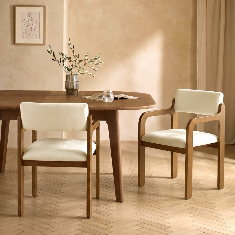 Modern Rubber Wood Dining Chairs with Upholstered Seat and Armrests - Set of 2