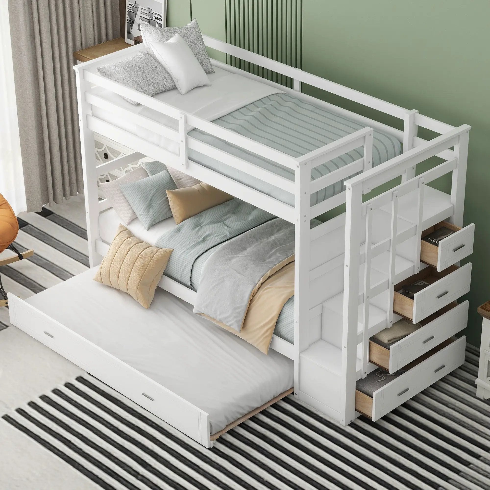 Twin Over Twin Bunk Bed With Trundle And Staircase - White by Unique Piece Furniture