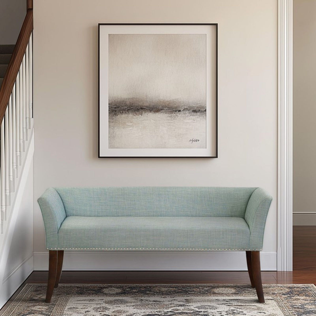 Welburn Upholstered Bench with Low Back and Flared Arms - Blue, Light Blue, or Beige, photo 4 of 32