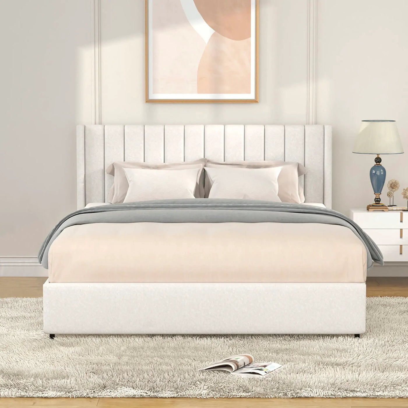 Anda - Boucle Upholstered Platform Bed With Patented Drawers Storage - Ivory by HouseOfZazla
