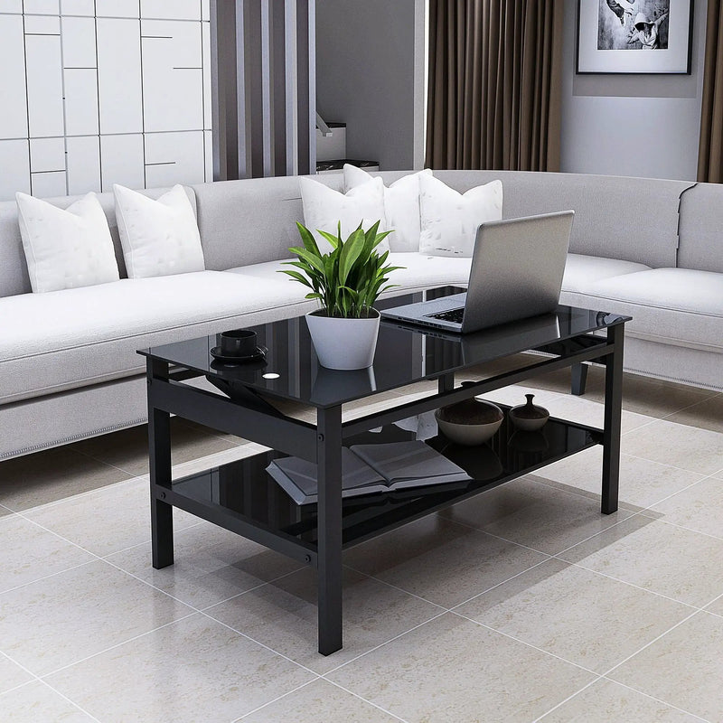 Glass Lift Top Coffee Table, Modern Simple 2-Layer Tempered Glass Coffee Table For Living Room - Black by Unique Piece Furniture