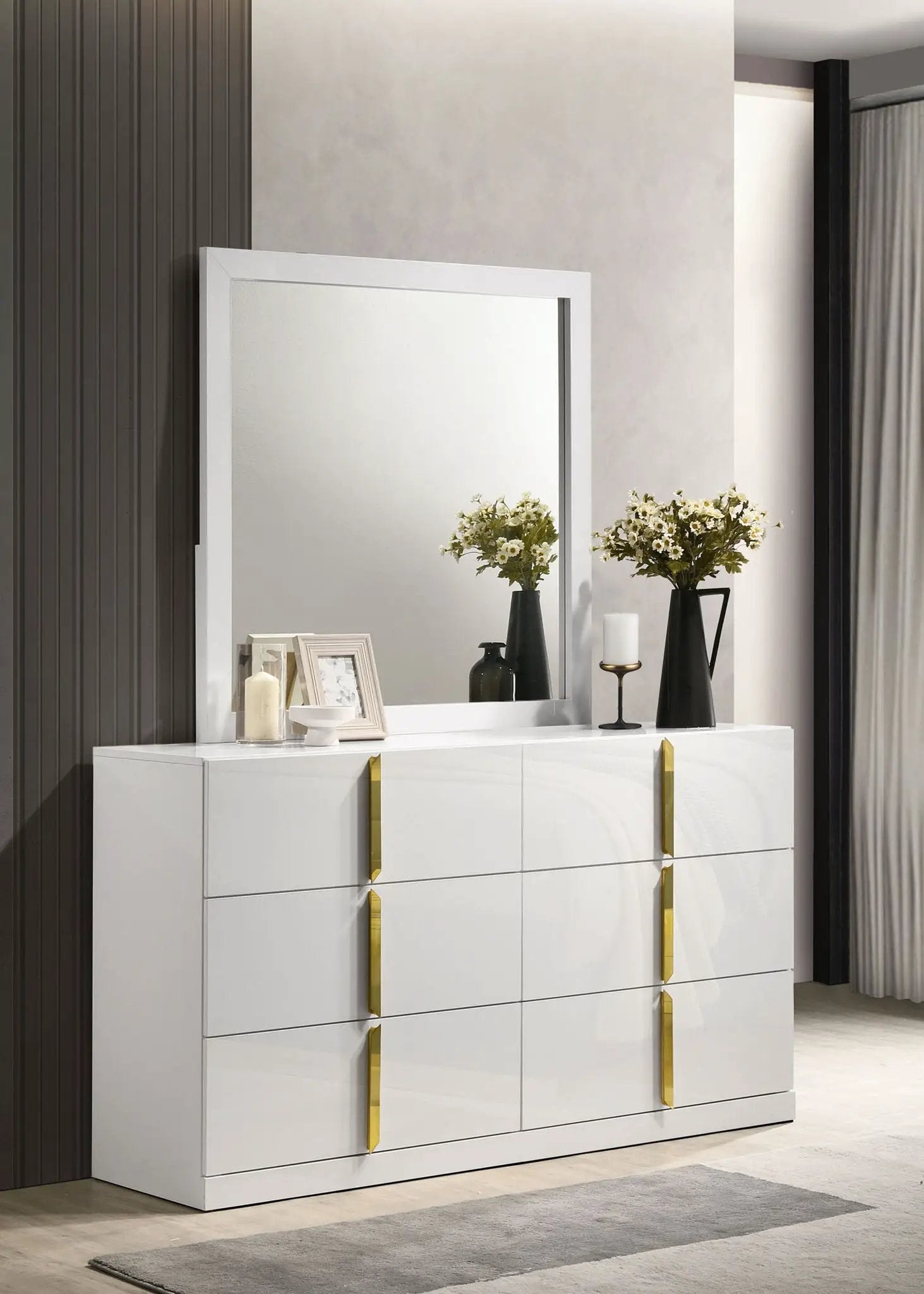 Ines 6-drawer Bedroom Dresser with Mirror White High Gloss by Unique Piece Furniture