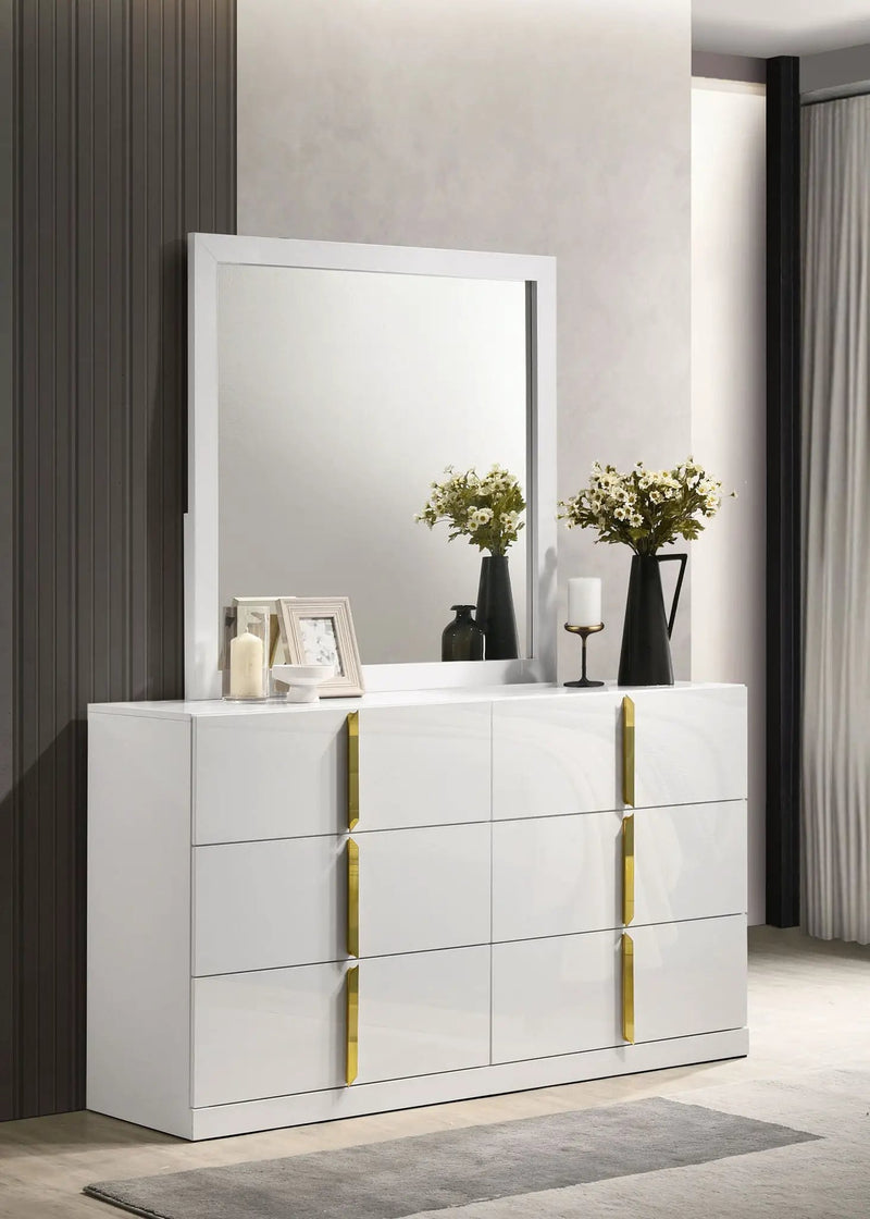 Ines 6-drawer Bedroom Dresser with Mirror White High Gloss by Unique Piece Furniture