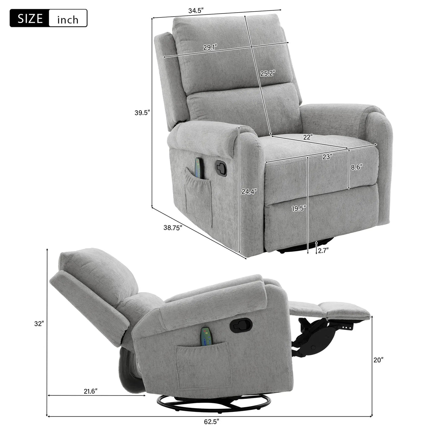 Manual Recliner Massage Chair With Swivel Rocker, 8 Massage Modes, Side Storage Pocket by HouseOfZazla