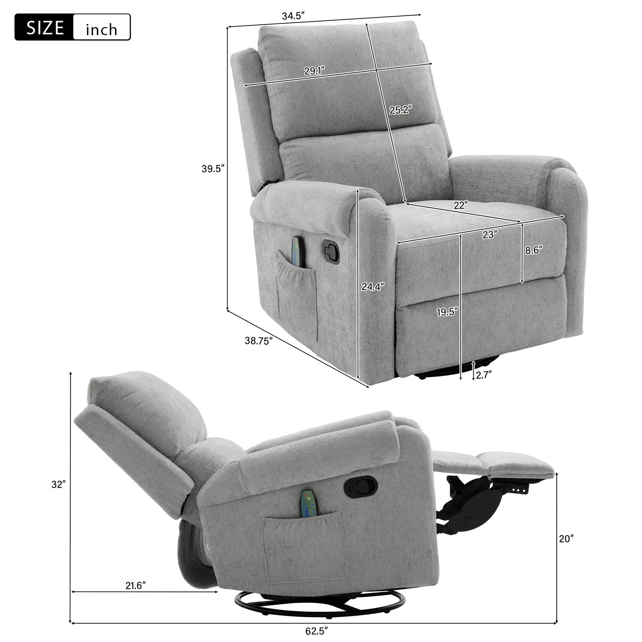 Manual Recliner Massage Chair With Swivel Rocker, 8 Massage Modes, Side Storage Pocket by HouseOfZazla