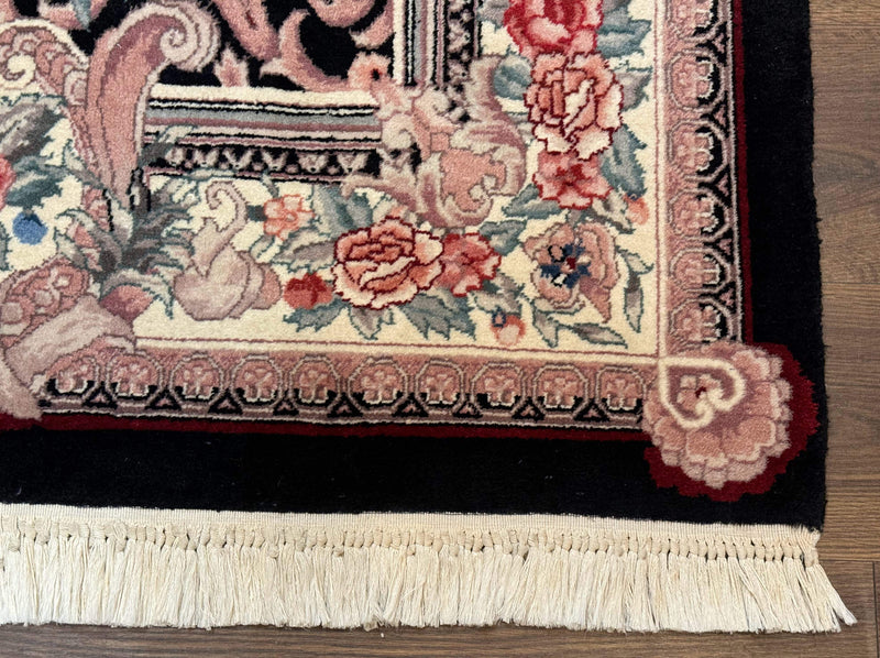 Aubusson Rug 4x6, Elegant European Floral Design, Black and Ivory, Fine 200 KPSI by Jewel Rugs