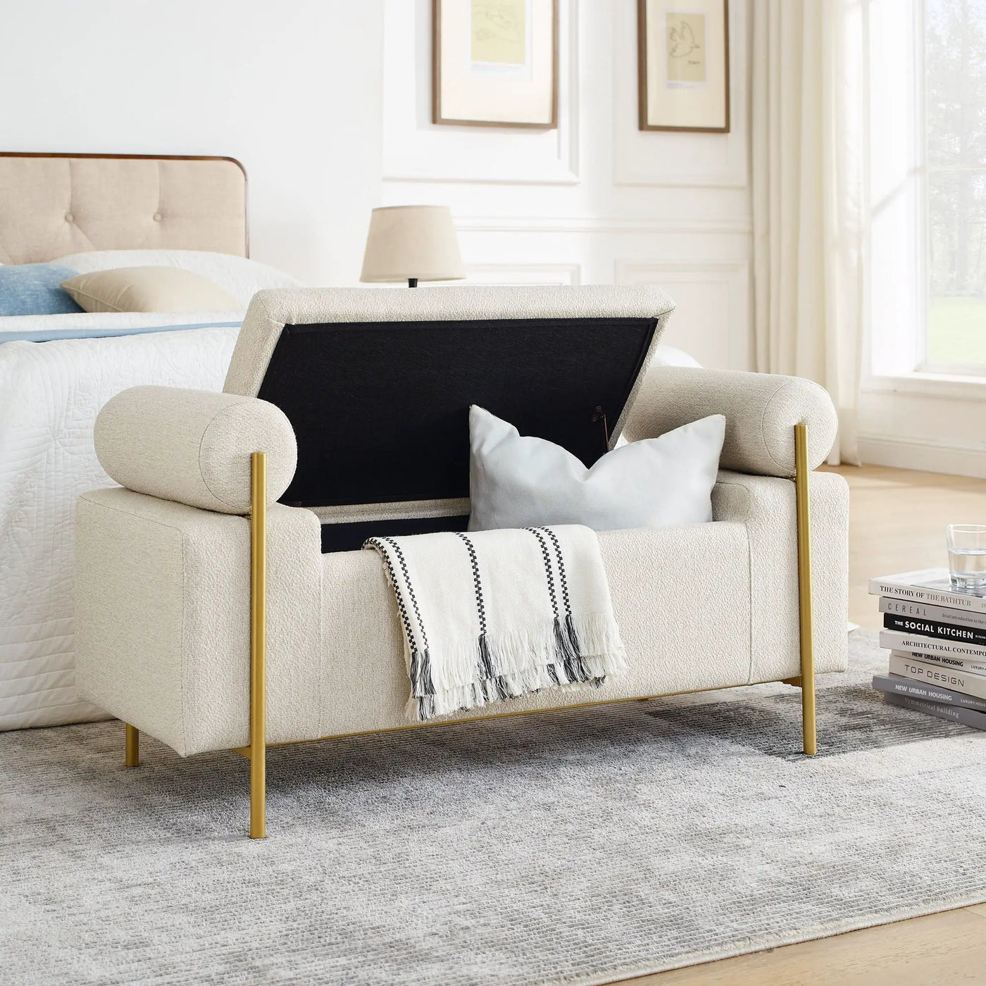 Elegant Upholstered Storage Bench With Cylindrical Arms And Iron Legs, by HouseOfZazla