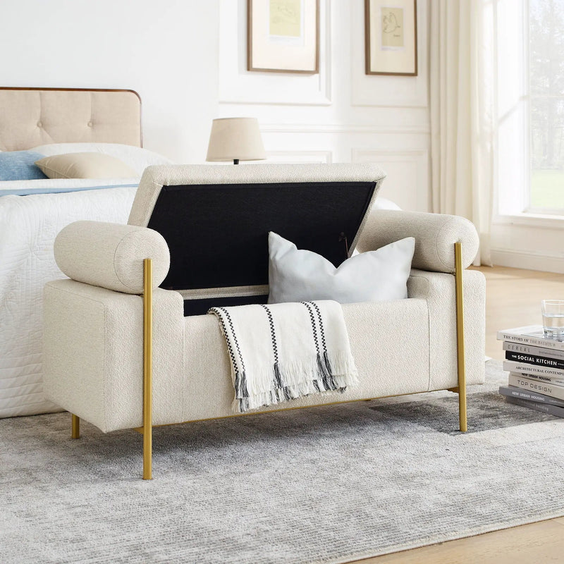Elegant Upholstered Storage Bench With Cylindrical Arms And Iron Legs, by Unique Piece Furniture