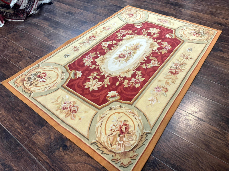 Aubusson Rug 4x6, Red, Floral, European Design, Vintage, Wool by Jewel Rugs