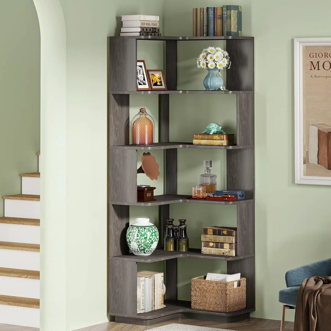 6 Tier Corner Bookshelf, L-Shaped Freestanding Shelf With Anti Drop Panels by HouseOfZazla