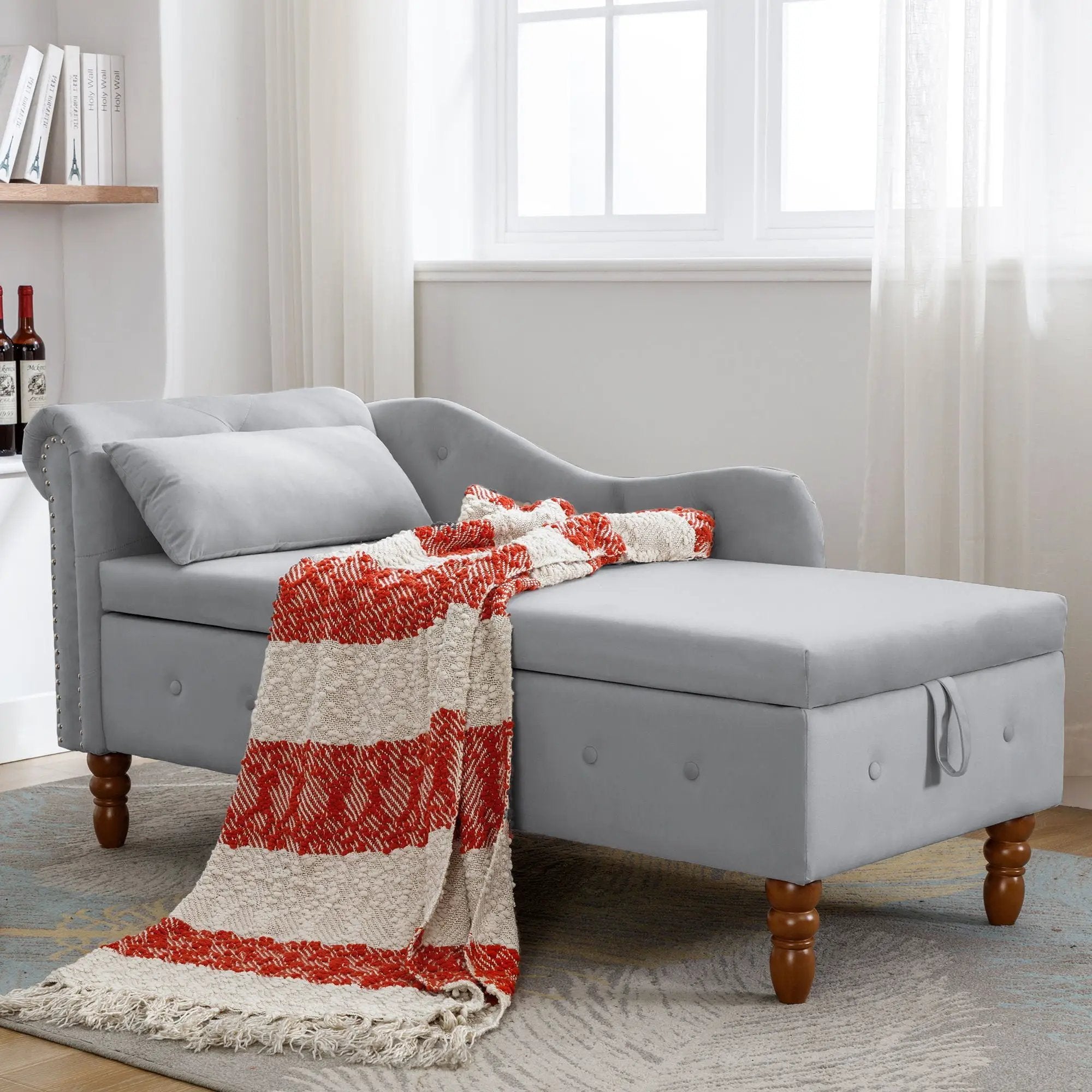 Chaise Lounge Indoor, Lounge Chair For Bedroom With Storage & Pillow, Modern Upholstered Rolled Arm Chase Lounge For Sleeping With Nailhead Trim For Living Room Bedroom Office by HouseOfZazla
