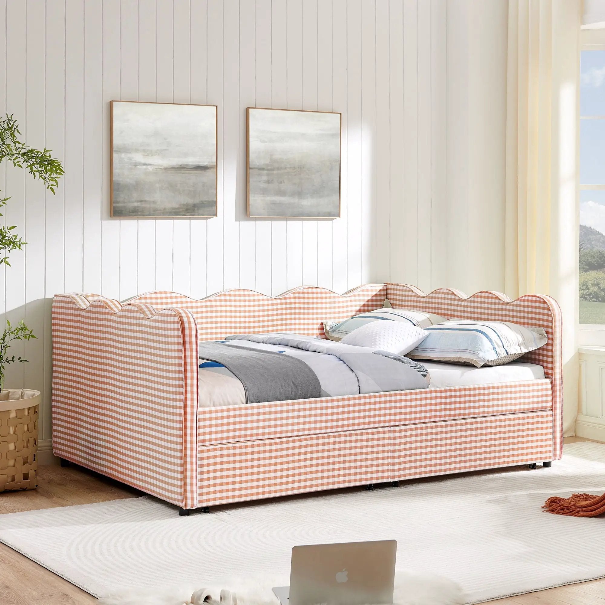 Gingham Daybed With USB Charging Port, Wave-Shaped Design by Unique Piece Furniture