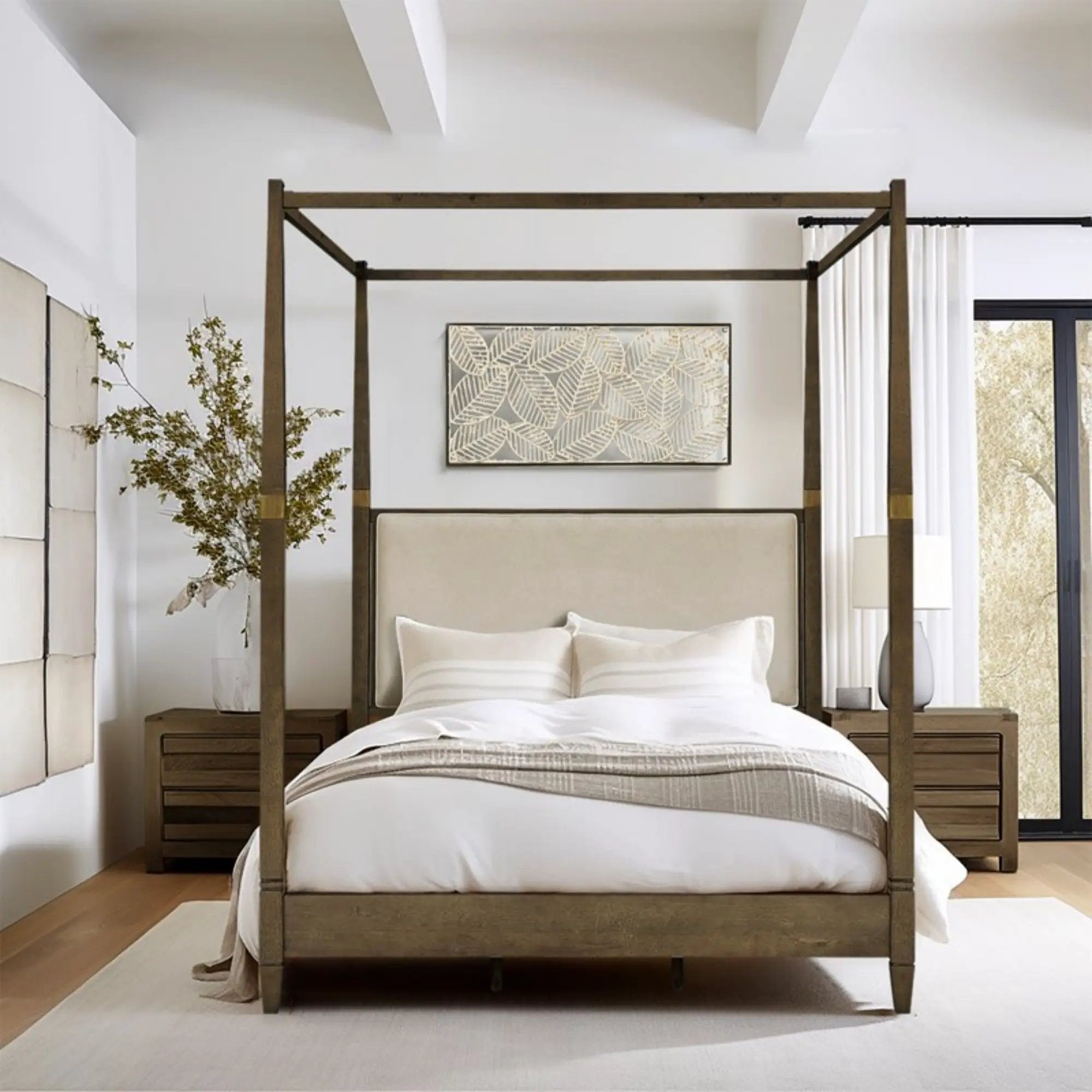 Queen Canopy Bed Frame With Upholstered Headboard - Brown by Unique Piece Furniture